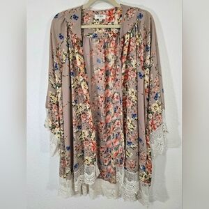 Umgee Taupe Floral Print Lace-Trim Open Kimono Cottagecore Prairie Flowy, M/L